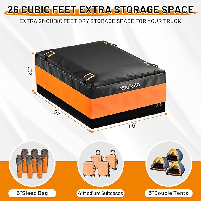 [High Visibility] Waterproof Truck Bed Bag with Orange Safety Trim, 26 CuFt Heavy Duty Cargo Carrier for Pickup Truck, Weatherproof Storage Bag for Camping & Road Trips