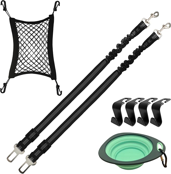 Dog Car Accessories Essentials Kit, with 2 Retractable Harness Adjustable Seat Belt Leash, Portable Collapsible Pet Bowl, Car Net Barrier for Dogs in Vehicle, and 4 Headrest Hooks for Hanger