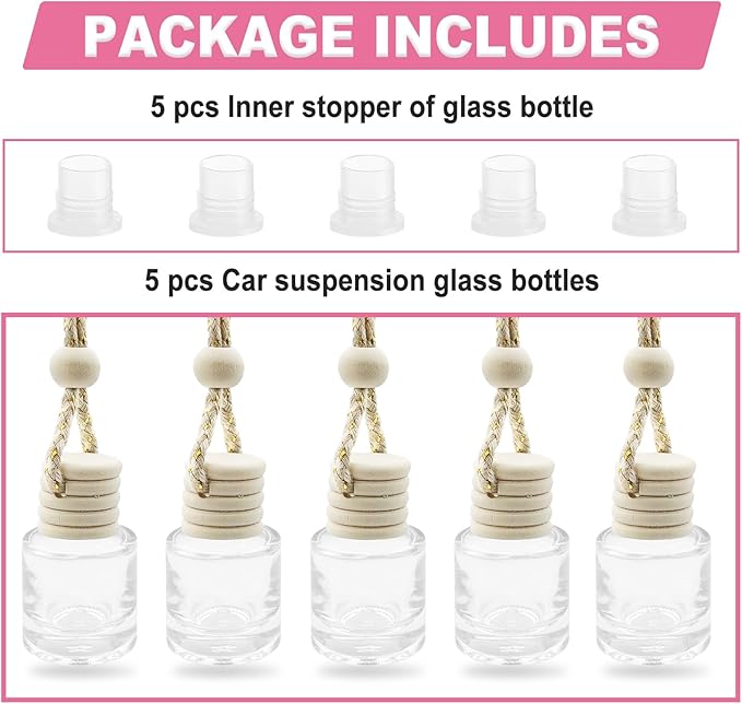 5 pcs Car Hanging Empty Glass Perfume Bottles Pendant Bottle, DIY Air Freshener Pendant, Empty Clear Glass Essential Diffuser Oil Aromatherapy, Glass Bottle Decor (Cylindrical)