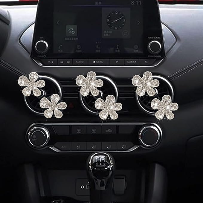 6 Pcs Black Daisy Air Vent Clips, Cute Flower Car Air Fresheners Vents Clips Diamond Vent Clip Car Interior Decor Charm Bling Accessories Decoration for Women (silvery, 2)
