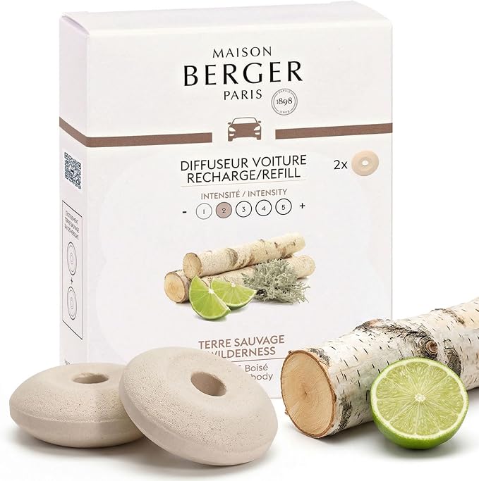 Maison Berger Luxury Car Diffuser Refill Set – Ceramic Inserts for Vent Clip Diffusers, 4-Week Passive Diffusion, Premium In-Car Fragrance Refill, Made in France (Wilderness)