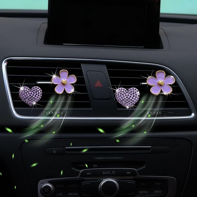 4PCS Car Air Vent Clips with Fragrance Pads, Cute Flower Car Air Fresheners Vents Clips Diamond Vent Clip Auto Interior Decor Charm Bling Auto Accessories Decoration for Women (Purple)