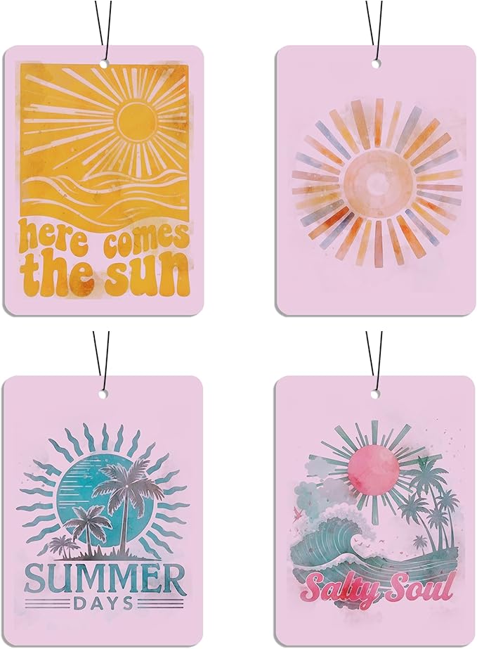 Summer Sun Car Air Freshener 4 Pcs, Beach Wave Palm Tree Scented Hanging Decor for Women Men, Vehicles Home Vacation, Tropical Mirror Gift