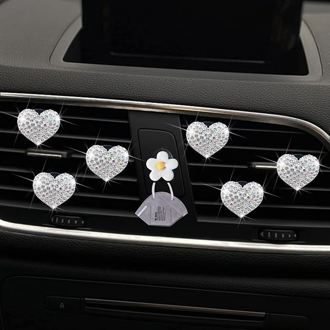 Bling Heart Air Vent Clips, 6 Pcs Silver Heart Cars Air Fresheners Vent Clips Car Diffuser Vent Clip Diamond Car Decoration Cars Interior Decor Cute Car Accessories for Women Girls + Flower Mask Hook