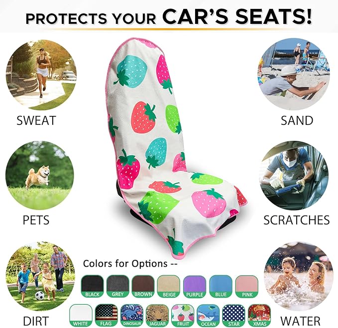 Waterproof Sweating Car Seat Cover for Post Gym Workout, Running, Swimming, Beach and Hiking, Universal Fit Non-Slip Bucket Seat Protector for Cars SUV Trucks, Machine Washable (Fruit)