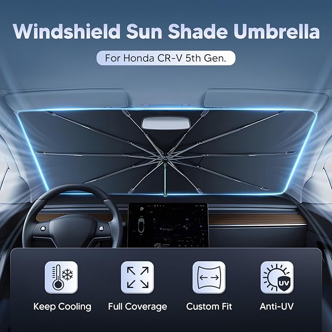 Autorder Windshield Sun Shade Umbrella for 2017-2022 Honda CR-V CRV Accessories,Upgraded Ice Crystal Material,Easy Setup Umbrella Sunshade for Car Windshield,100% Sun Blocking