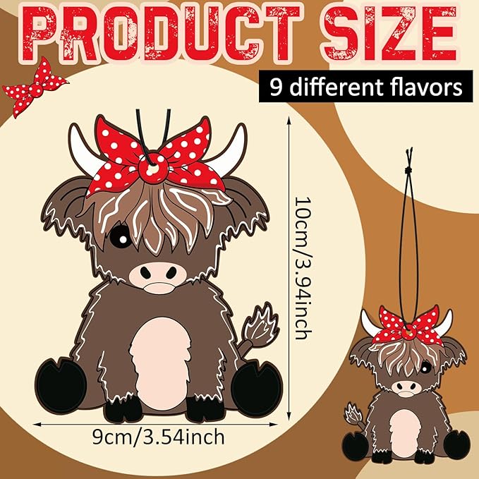 Loopeer 9 Pcs Christmas Highland Cow Air Freshener Cute Cow Print Car Accessories Hanging Gifts for Women Christmas Tree Ornaments Party Hips Gifts for Aromatic Car Home Decorations