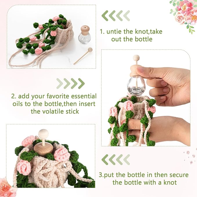 Cute Crochet Plant Car Freshener 12ml Empty Refillable Diffuser Bottle with Plants Hanging Accessories for Rearview Mirror Home Office Decor Women Mother's Day Gifts(Flower)
