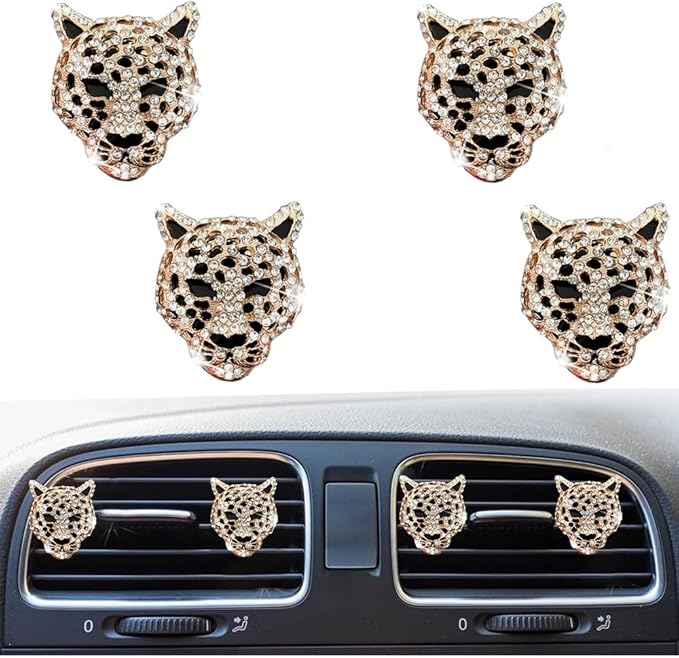 4 Pcs Bling Leopard Air Vent Clips, Crystal Car Air Fresheners Vent Clips Diffuser Rhinestone Leopard Decoration Car Interior Decor Bling Accessories for Women (Gold)