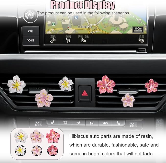 Cute Car Dashboard Air Vent Trim Clips, Hawaiian Flower Auto Air Freshener Vent Clip, Auto Air Conditioning Diffuser, Hibiscus Blossom Car Interior Accessories Decorations for Girls Women (6PCS)