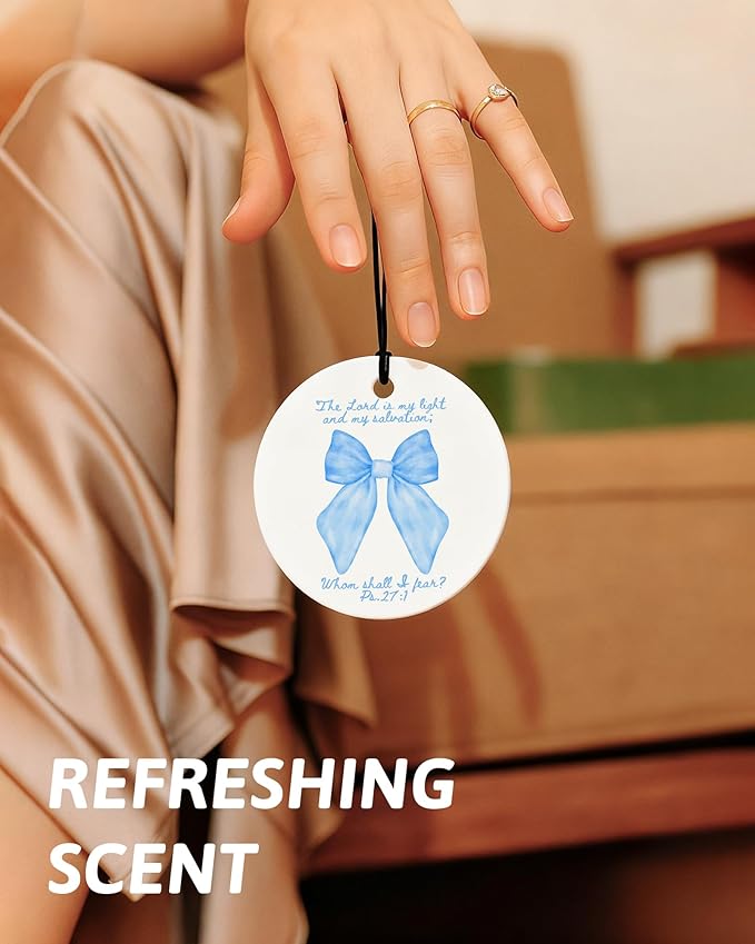 Blue Christian Round Car Air Freshener 4 Pcs, Coquette Blue Bow Bible Verse Religious Hanging Air Freshener for Cars Closet Drawer Books, Christian Girly Car Accessories Mirror Decor for Women