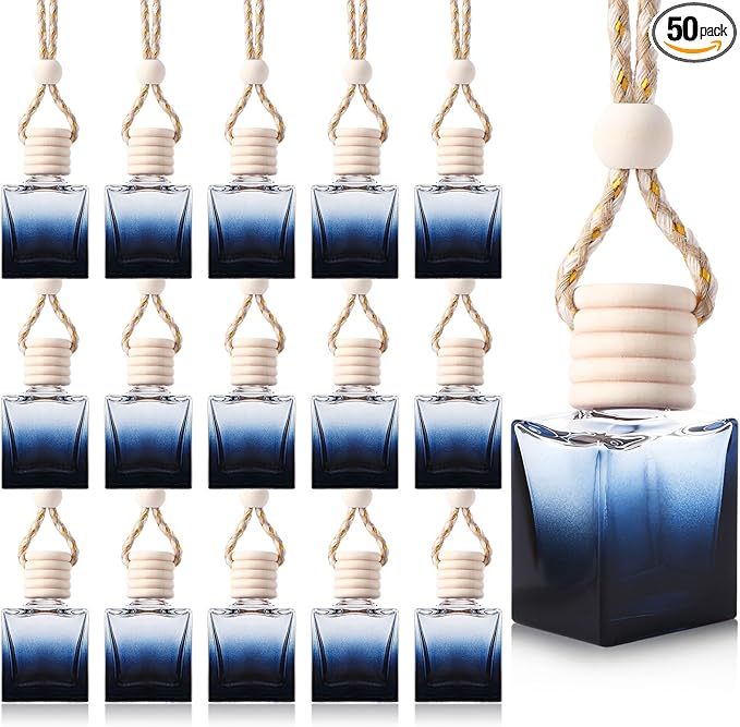 50 Pcs Black Car Air Freshener Hanging Bottle Empty Glass Diffuser Bottles Perfume Bottle Refillable Car Air Freshener Pendant Aromatherapy Fragrance Vials Bottles Ornament(Cube)