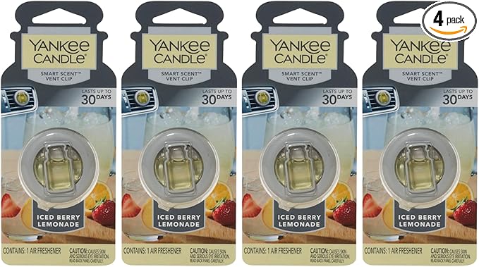 Yankee Candle Smart Scent Auto Vent Clip, Iced Berry Lemonade, Car Air Freshener Odor Neutralizing Clip with Adjustable Fragrance Control, Summer Citrus Scent, 1 Count (Pack of 4)