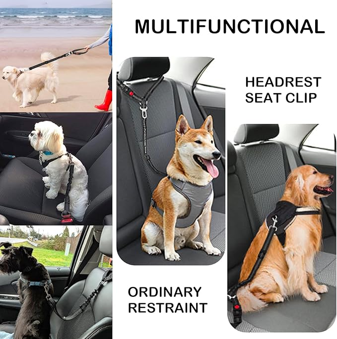 Removable Dog Seat Belt Harness for Car, 3 in 1 Pet Car Seatbelt Leash, Retractable Restraint Secures to Vehicle Headrest & Adjustable Reflective Dog Seatbelt Tether (Light Blue&Black, 2pcs)