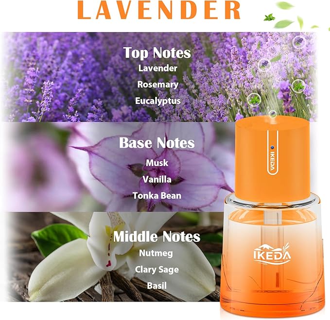 Ikeda Fragrance Smart Car Air Freshener,100ml Essential Oil Diffuser Aroma Diffuser, 3 Mode Adjustable Mini Scent Spray for Car with Touch Switch, Automotive Humidifier for Gift(Orange, Lavender)