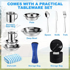 11 Pcs Camping Tent Set for Beginners, Complete Outdoor Travel Gear with Tent Sleeping Bag Stainless Steel Mess Kit Waterproof Tarp for Backpacking, Road Trips, Beach, & Backyard Adventure