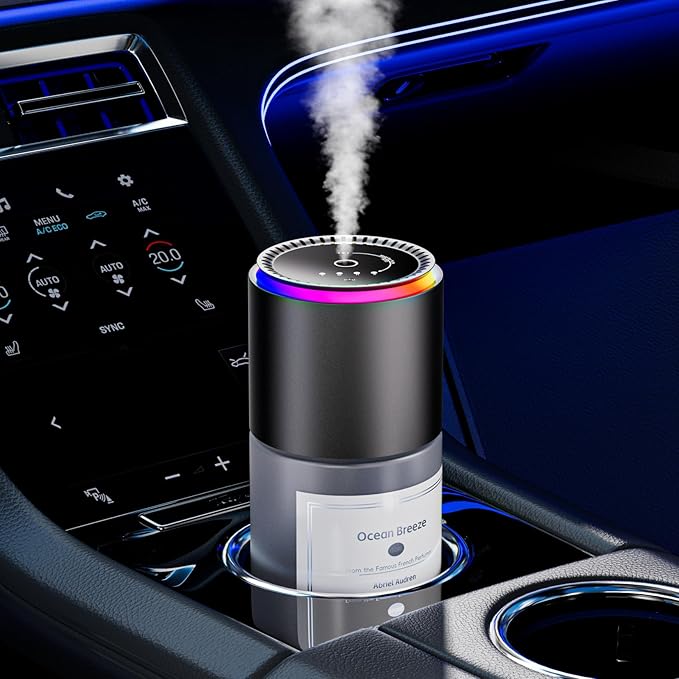 Car Air Freshener,Smart Car Air Freshener, car Diffuser with 150 ML (5oz) Capacity Multi-fragrance, RGB Music Syncing Light, Auto On/Off (Oceans)