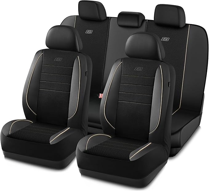 Skechers Air-Cooled Memory Foam Seat Cover, Mesh Thick Car Seat Covers,Piping Leather Car Seat Cover Full Sets,Airbag Compatible,Automotive Comfort Universal Fit Most Cars,Vans,Trucks,SUV,Beige