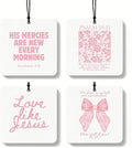 Pink Christian Car Air Freshener 4 Pcs, Girly Pink Bow Floral Religious Hanging Air Freshener for Cars Closet Drawer Books, Cute Preppy Christian Car Accessories Mirror Decor for Women