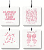 Pink Christian Car Air Freshener 4 Pcs, Girly Pink Bow Floral Religious Hanging Air Freshener for Cars Closet Drawer Books, Cute Preppy Christian Car Accessories Mirror Decor for Women