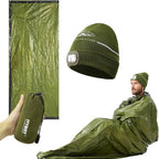 Emergency Sleeping Bag & LED Beanie Hat Set, Waterproof Thermal Mylar Bivy Sack, Portable Survival Gear for Hiking, Camping, Bug-Out Bags & Emergency Kits