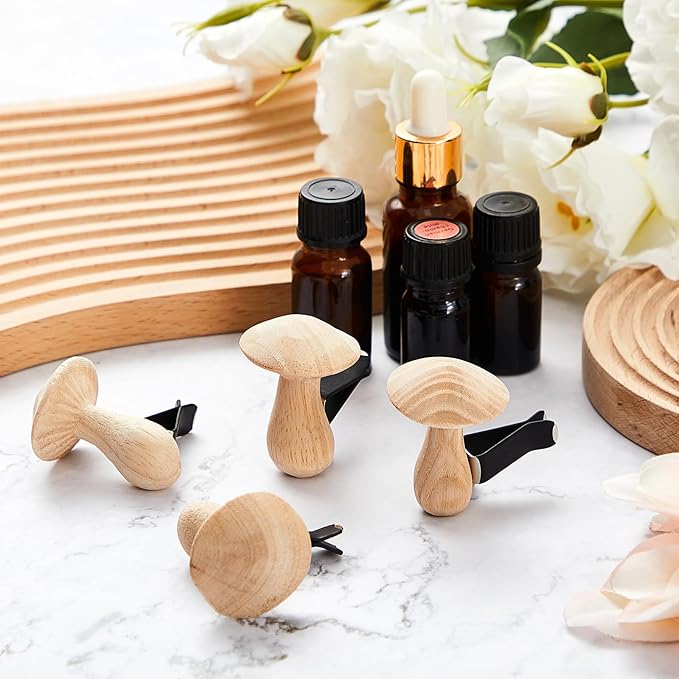 Dandat 4 Pcs Wood Car Essential Oil Diffuser Vent Clips Mushroom Car Air Freshener Aromatherapy Wooden Car Diffusers Automotive Interior Accessories Decoration for Women Men Gift