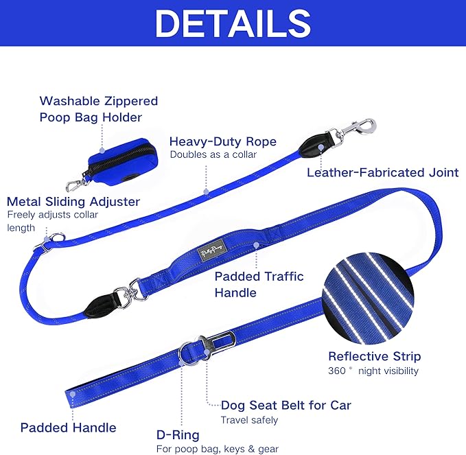 6FT Heavy Duty Dog Leash for Small Medium Large Dogs, Tangle Free Reflective Dog Training Leash with Double Handle, Seat Belt Buckle & Poop Bag Holder (Navy Blue)