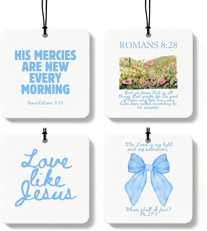 Blue Christian Car Air Freshener 4 Pcs, Coquette Blue Bow Bible Verse Religious Hanging Air Freshener for Cars Closet Drawer Books, Cute Christian Car Accessories Mirror Decor for Women