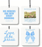 Blue Christian Car Air Freshener 4 Pcs, Coquette Blue Bow Bible Verse Religious Hanging Air Freshener for Cars Closet Drawer Books, Cute Christian Car Accessories Mirror Decor for Women