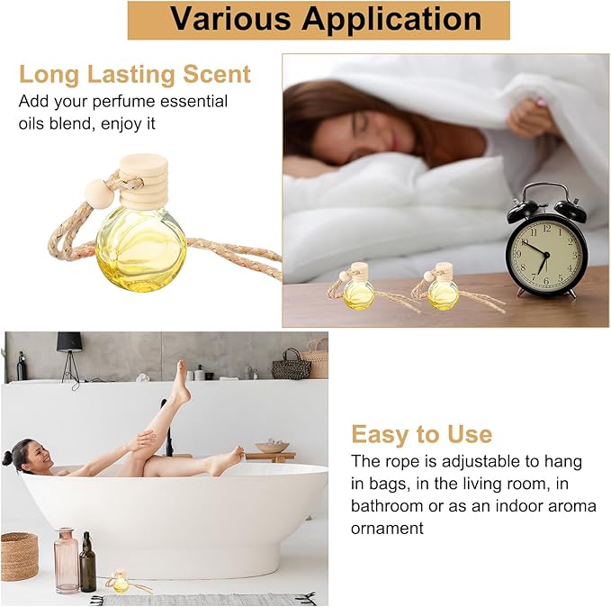 uxcell 8pcs Hanging Car Air Freshener Perfume Bottle, 10ml Pendant Empty Clear/Yellow Glass Essential Oil Aromatherapy Diffuser with Wooden Cap for Car Decor (Clear/Yellow, Round)