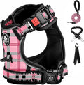 FURRYFECTION Plaid Dog Harness for Small Dogs, Reflective No Pull Adjustable Pet Vest with Front Clip, Leash, Easy Control Handle and Seat Belt, Pink&Black, S