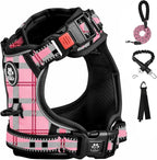FURRYFECTION Plaid Dog Harness for Large Dogs, Reflective No Pull Adjustable Pet Vest with Front Clip, Leash, Easy Control Handle and Seat Belt, Pink&Black, XL