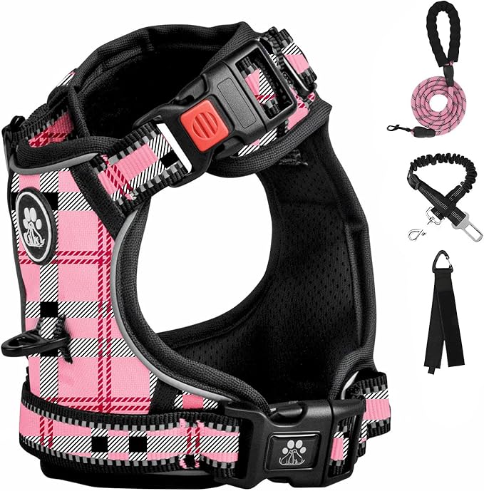 FURRYFECTION Plaid Dog Harness for Large Dogs, Reflective No Pull Adjustable Pet Vest with Front Clip, Leash, Easy Control Handle and Seat Belt, Pink&Black, XL