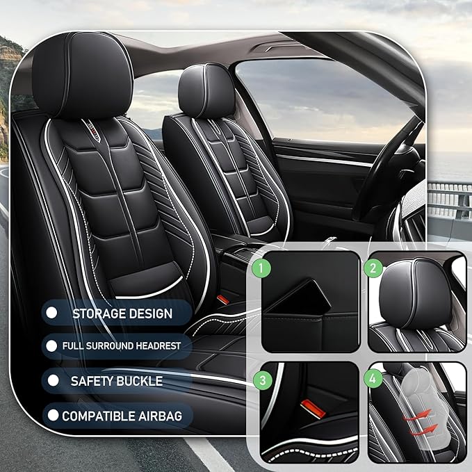 Leather Car Seat Covers Fit for Toyota Yaris 2007-2020, 5 Seater Car Seat Cover, Premium Waterproof, Scratch Resistant Car Interior Accessories (Full Set Black White)