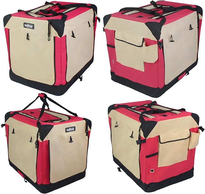 EliteField 4-Door Folding Soft Dog Crate with Curtains, Carrying Bag and Fleece Bed (2 Year Warranty), Indoor & Outdoor Pet Home (20" L x 14" W x 14" H, Red+Beige)