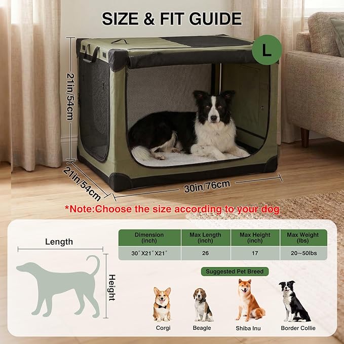 30" L x 21" W x 21" H Collapsible Travel Dog Crate, Portable Soft Dog Kennel for Medium Dogs up to 45 lbs, 4-Door Foldable Travel Crate with Durable Mesh & Storage Bag, Green