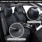 Black Car Seat Covers Full Set, Breathable Leather Automotive Front and Rear Seat Covers & Headrest for Comfortable Driving, Universal Auto Interior Fit for Most Kinds of Vehicles, Cars