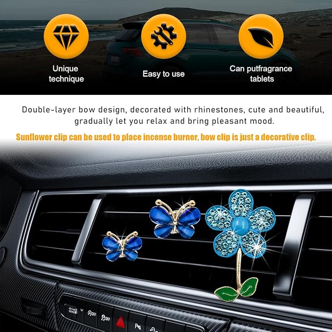 3 PCS Bling Car Air Vent Clips, Rhinestone Daisy Butterfly Air Freshener Outlet Diffuser Clip, Cute Auto Air Conditioning Clip Charm for Women Girls, Decor Car Accessories (Blue)