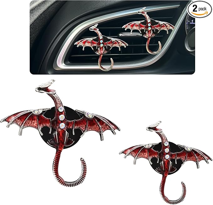 Dargon Air Vent Clips Car Air Freshener 2pcs Bling Red Dragon Car Accessories Enamel Fire Dragon Wyvern Vent Clips Refillable Essential Oil Outlet Diffuser Gothic Decor