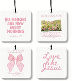 Pink Christian Car Air Freshener 4 Pcs, Coquette Pink Bow Bible Verse Religious Hanging Air Freshener for Cars Closet Drawer Books, Cute Christian Car Accessories Mirror Decor for Women