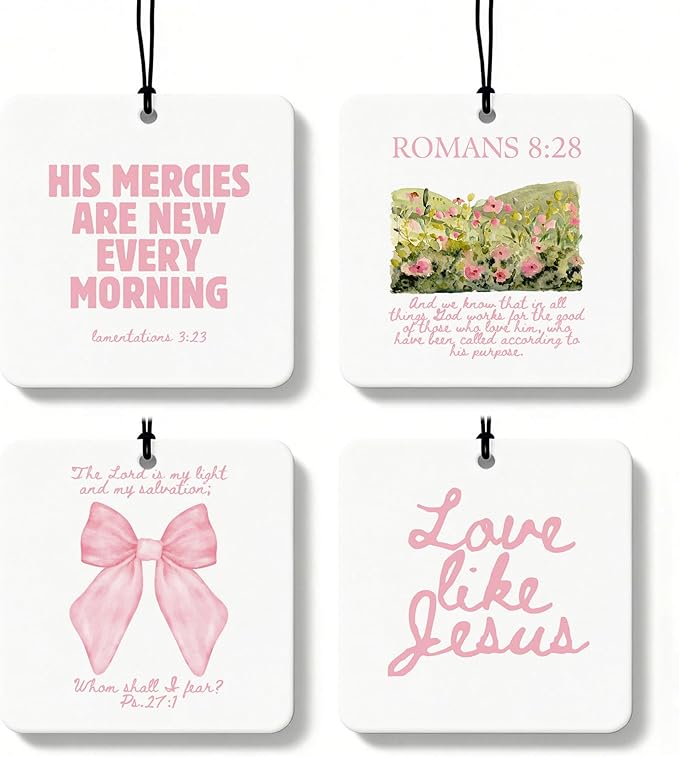 Pink Christian Car Air Freshener 4 Pcs, Coquette Pink Bow Bible Verse Religious Hanging Air Freshener for Cars Closet Drawer Books, Cute Christian Car Accessories Mirror Decor for Women