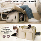 Dog, Cat Carrier for Pets Up to 12 Lbs, Airline Approved Collapsible Soft-Sided Pet Travel Bag with Locking Zippers, Breathable Mesh and 4 Large Pockets, Removable Fleece Pad (Beige)