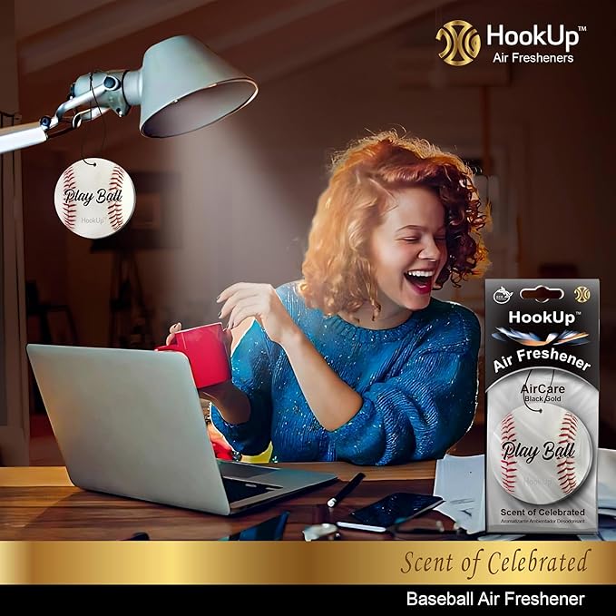 Baseball Car Air Freshener by HookUp - 10 Pack - Black Gold Scent (Extra Strong) | Unique Baseball Gift for Players, Coach, Fans | Hanging Car Accessory with Long Lasting Fresheners Smell