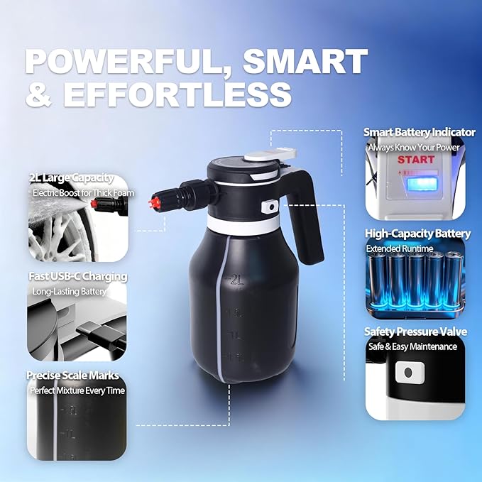 Electric Foam Sprayer for Thick Rich Foam, 2L Cordless Portable - Professional Pressurized Foam Cannon for Car Wash & Detailing, Rechargeable with Long Lasting Battery Black