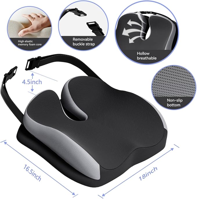 Seat Cushions for Office Chairs Wheelchair Cushion for Long Sitting Back Pain，Memory Foam Seat Car Computer Desk Chair Cushion，Coccyx Cushion for Tailbone Pain Relief Cushion Office Chair Black