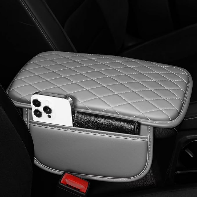 Upgraded Car Center Console Cover Fit for bZ4X Faux Leather Car Armrest Cover Cushion with 2 Storage Bags,Car Armrest Storage Box Interior Accessories(Grey&Whiteline)