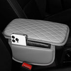 Upgraded Car Center Console Cover Fit for Tacoma Faux Leather Car Armrest Cover Cushion with 2 Storage Bags,Car Armrest Storage Box Interior Accessories(Grey&Whiteline)