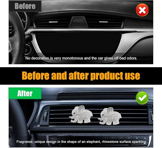 2 PCS Bling Car Air Vent Clip, Cute Elephant Crystal Air Conditioning Outlet Clip, Air Fresheners Diffuser Clip Charm, Interior Decor Car Accessories For Women Girl