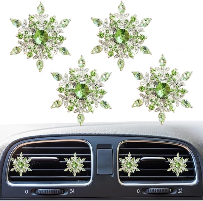 Bling 4Pcs Snowflake Air Vent Clips Car Air Freshener Outlet Clips Bling Rotatable Snowflake Car Vent Decorations Stress Relief Auto Accessories Toy Refillable (Green)