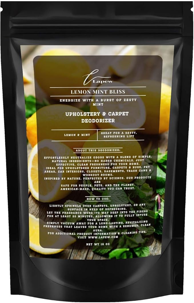 Lapew Lemon Mint Bliss Carpet Deodorizer Powder - Pet Safe Freshener for Vacuuming | Scented Odor Eliminator for Home | 16 oz